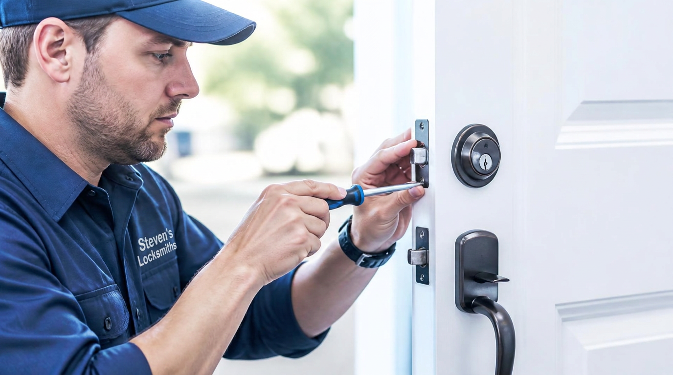 Locksmith technician fitting a new deadbolt to a front door
