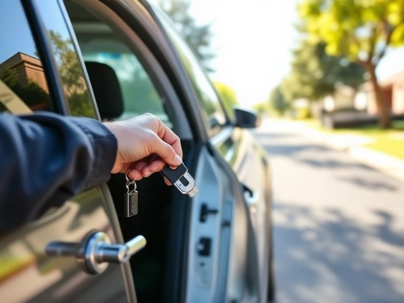 Locksmith unlocking a car door on a suburban street