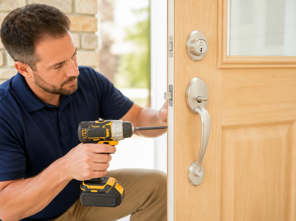 New lock being installed on a timber door