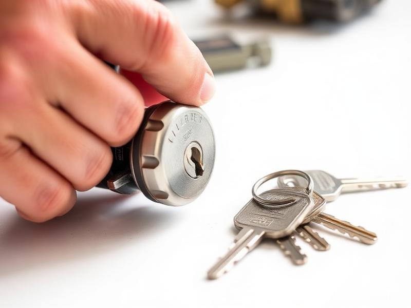 Locksmith rekeying a lock cylinder beside new keys