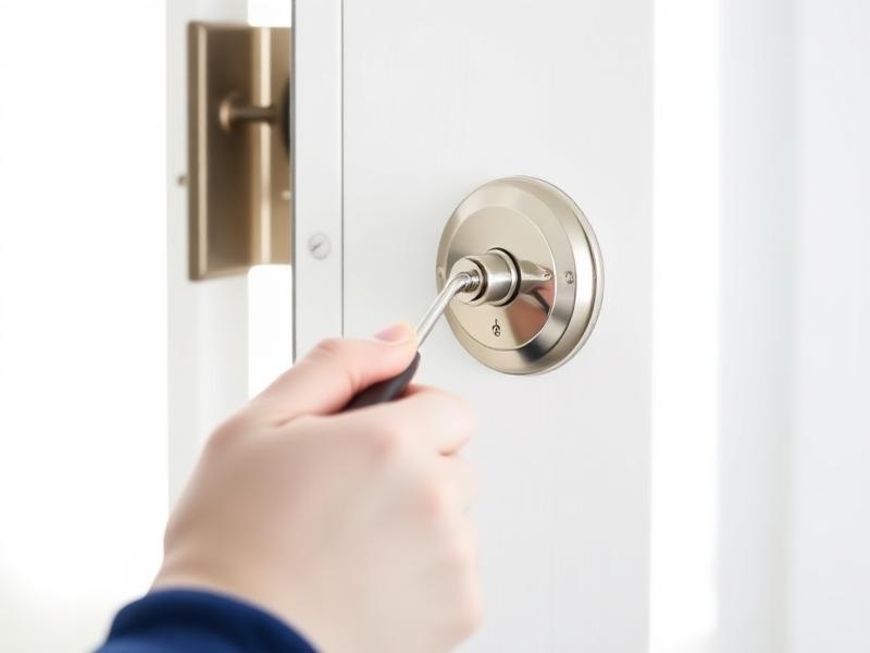 Technician repairing a door lock with a screwdriver