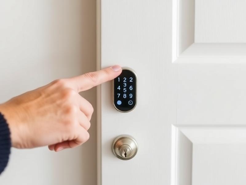 Finger pressing the keypad of a modern smart door lock